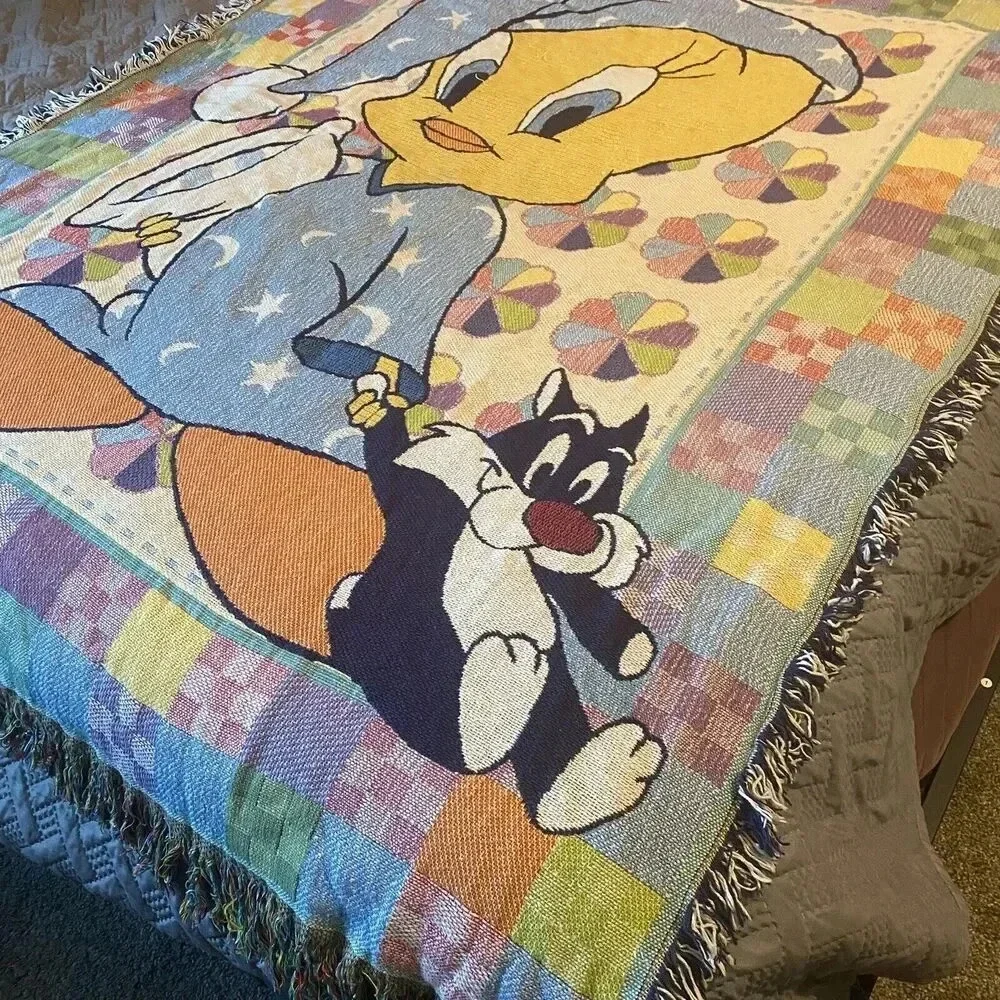 VTG 90s Baby Toddler Looney Tunes Cotton Blanket Sylvester Tweety Bird Blue Cozy